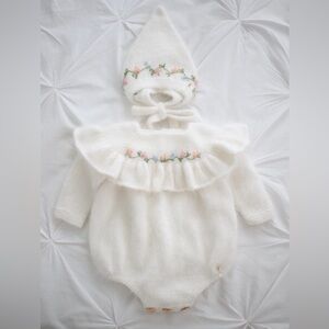 White Knit Baby Romper with Floral Embroidery